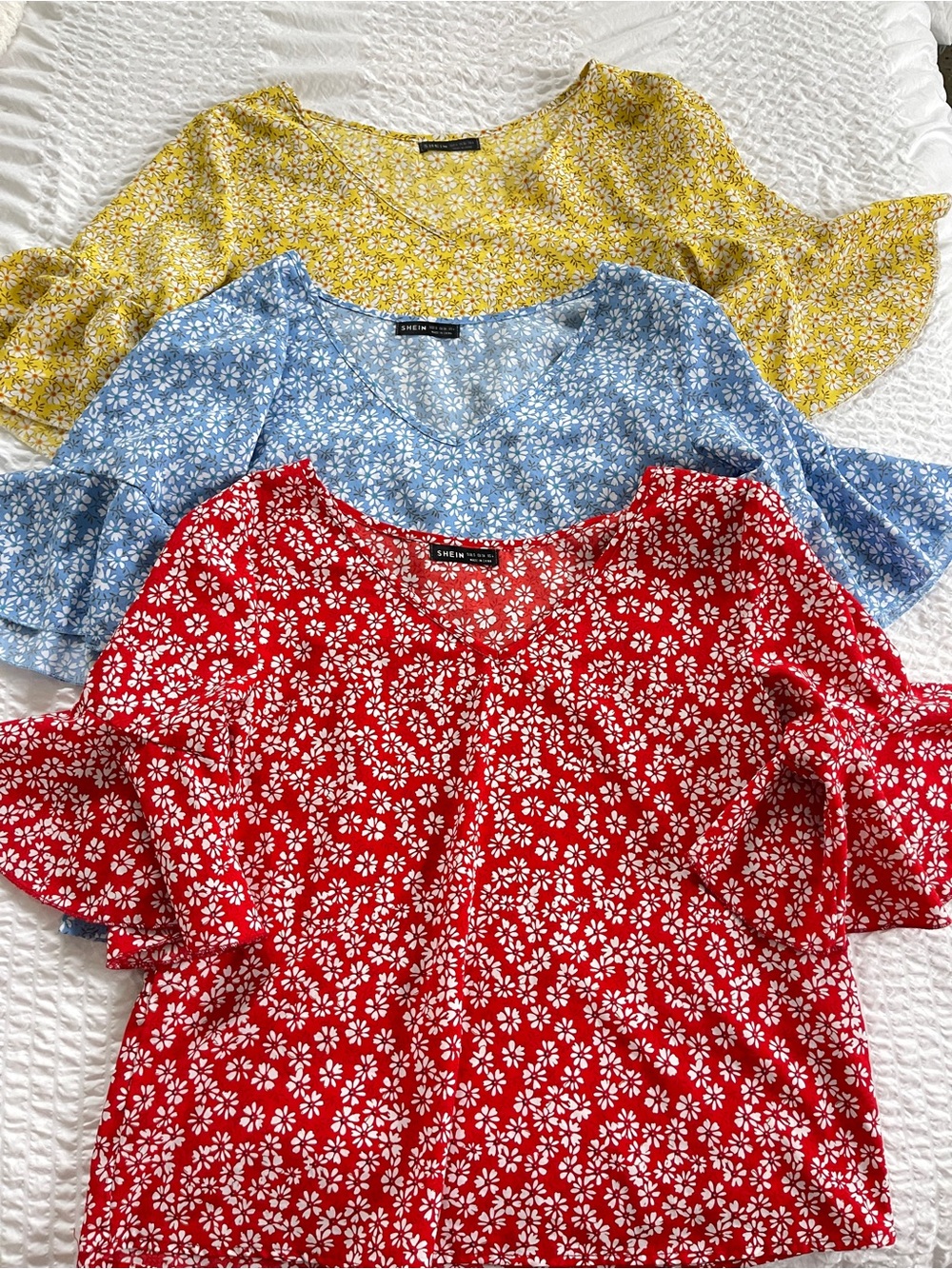 Set of 3 Women’s Floral Ruffle Sleeve Tops - Red, Blue, and Yellow